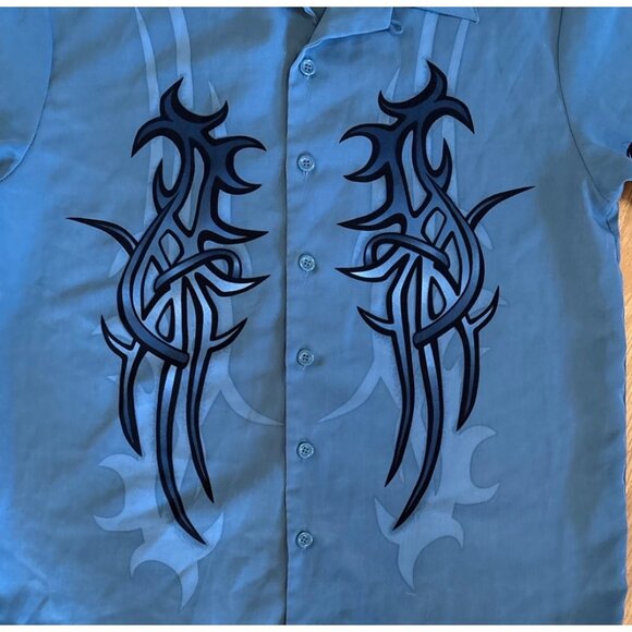 Seven Two Five Shirt Button Up Boys Blue Tribal Large Short Sleeve Double Sided - Picture 3 of 9